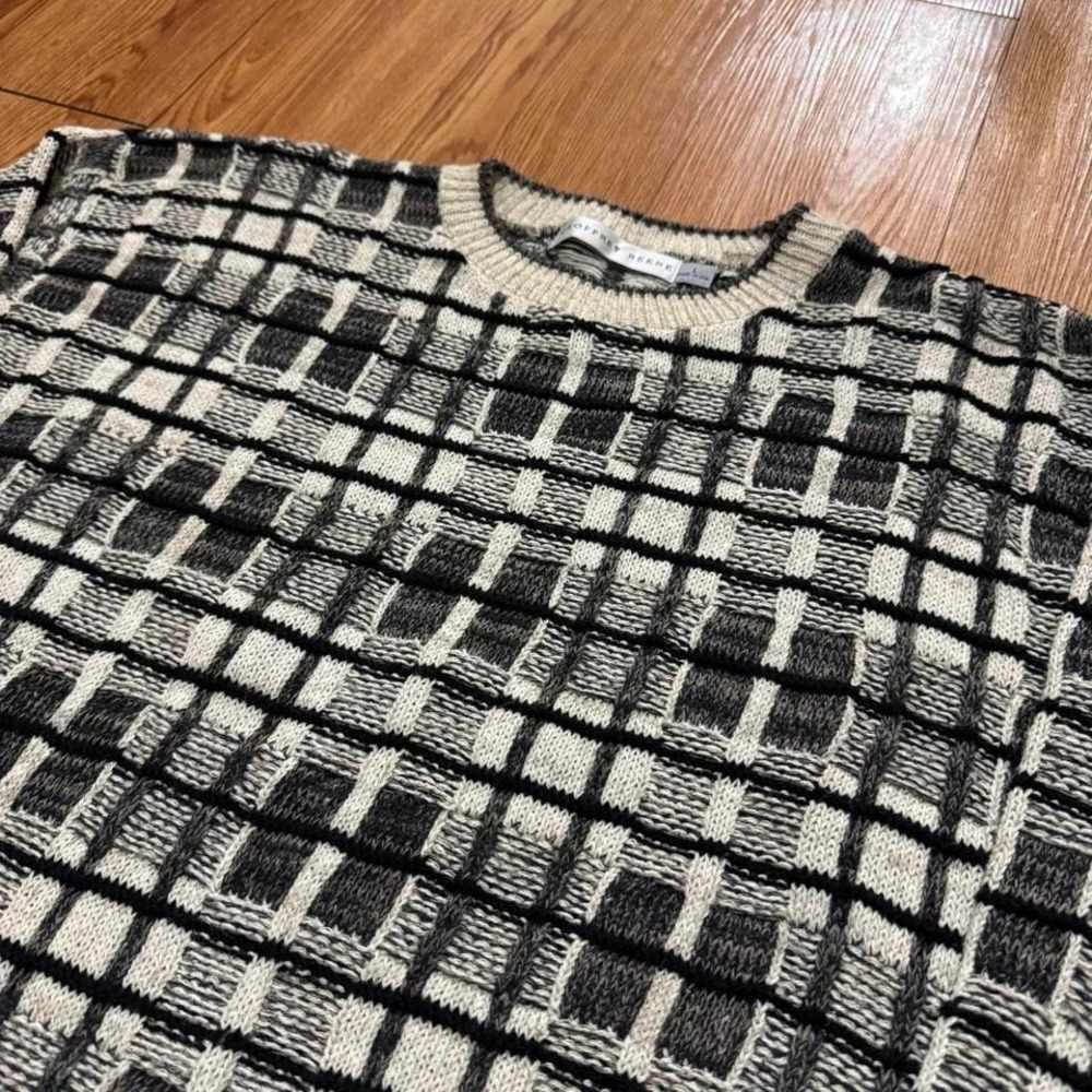 Vintage Grandpa Sweater Knit Plaid‎ Striped Multicolor Khaki 90s Size Large - Picture 3 of 6
